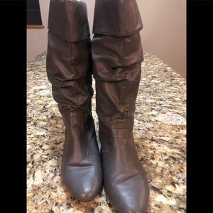 Gray knee high boots